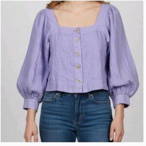J. Crew 100% Linen Square Neck Button Front Blouse Top Purple Size Medium